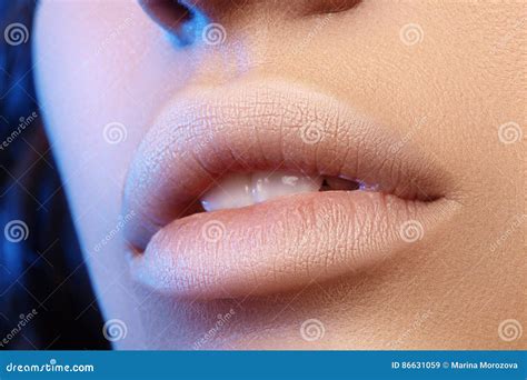 Closeup Perfect Natural Lip Makeup Beautiful Plump Full Lips On Female