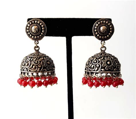 India Jhumka Earrings In Oxidized Silver India Jewelry Red Bead