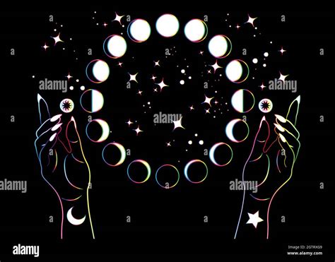 Mystical Moon Phases And Woman Hands Colorful Spectrum Pagan Wiccan