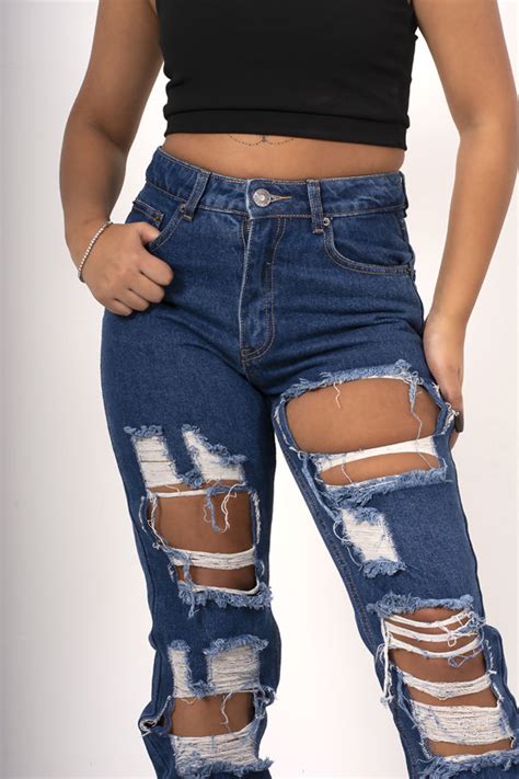 Wholesale Blue Extreme Ripped High Waisted Mom Jeans