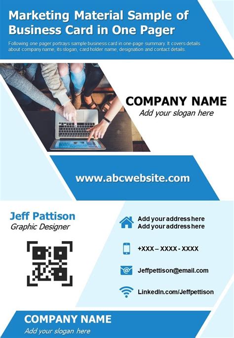 Marketing Material Sample Of Business Card In One Pager Presentation