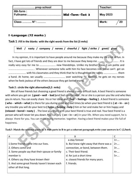 Mid Term 3 Test 8 Form Esl Worksheet By Ajnour