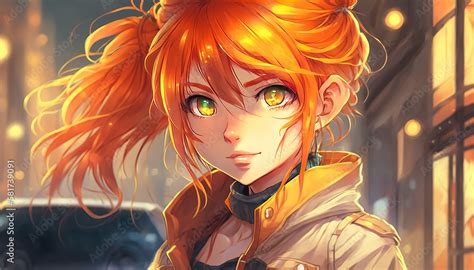 A Beautiful Cyberpunk Anime Girl With Orange Hair Looking Straight