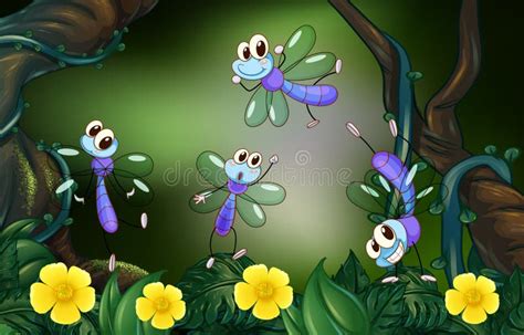 Dragonflies Flying In The Deep Forest Stock Illustration Illustration