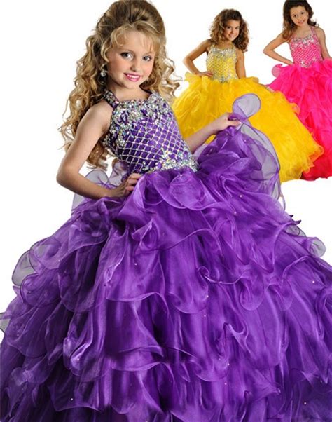 Puffy Ball Gown Halter Purple Organza Ruffle Beaded Little Girls Party