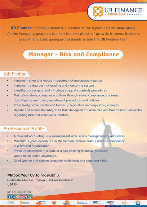Get full details of risk management jobs such as eligibility criteria, number of posts, qualifications required, application process, risk management jobs recruitment process and lots more. Manager - Risk and compliance job from UB Finance Co.Ltd ...