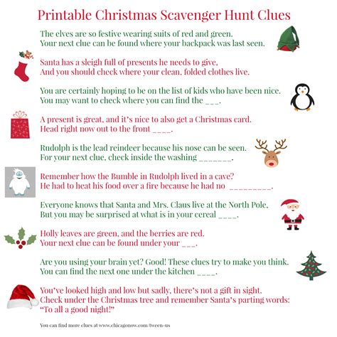 Here are some no tech, low. Printable Christmas scavenger hunt clues for present ...