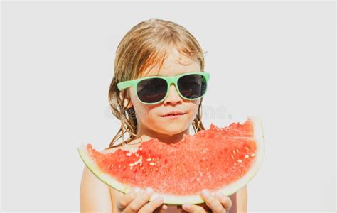 Child Boy Eat Watermelon On The Pool In Sunglasses Funny Kids Face