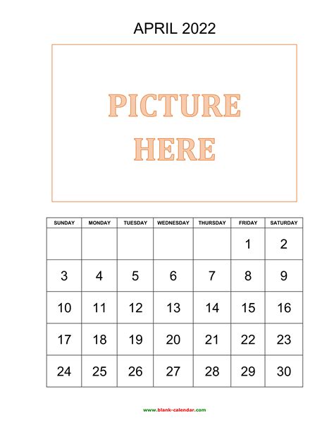Free Download Printable April 2022 Calendar Pictures Can Be Placed At