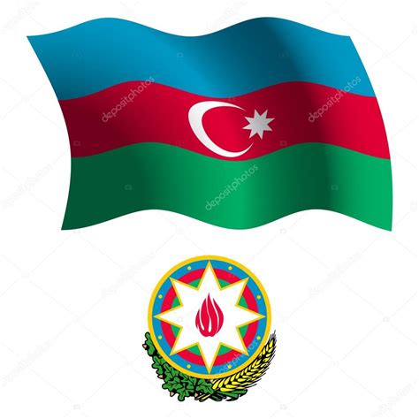 La bandera de azerbaiyán, cuenta con tres bandas horizontales iguales de azul, rojo y verde. Escudo y bandera ondulado de Azerbaiyán — Vector de stock ...