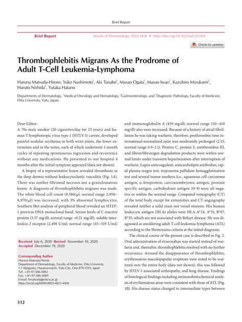 Pdf Thrombophlebitis Migrans As The Prodrome Of Adult T Cell Leukemia