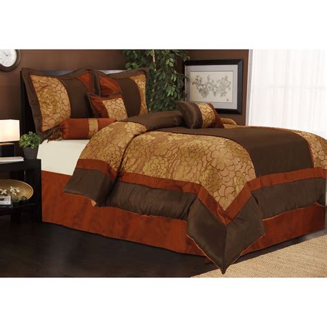 New Full Queen Cal King Bed Brown Rust Orange Floral Stripe 7 Pc
