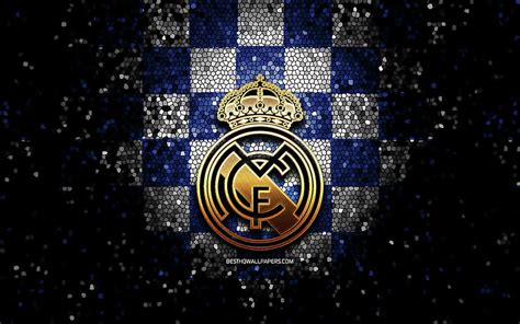 Real Madrid Fc Glitter Logo La Liga Blue White Checkered Background