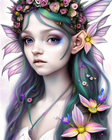 8k beautiful realistic elf fairy portrait with flowers · creative fabrica