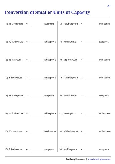 Convert Teaspoons Tablespoons And Fluid Ounces Worksheets