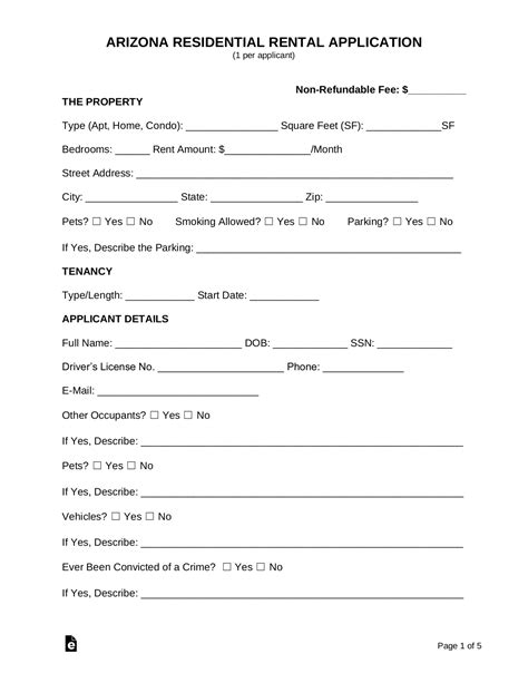 Free Arizona Rental Application Form Pdf Word Eforms