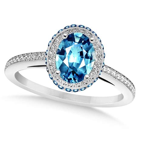 Oval Blue Topaz And Diamond Halo Engagement Ring 14k White Gold 210ct