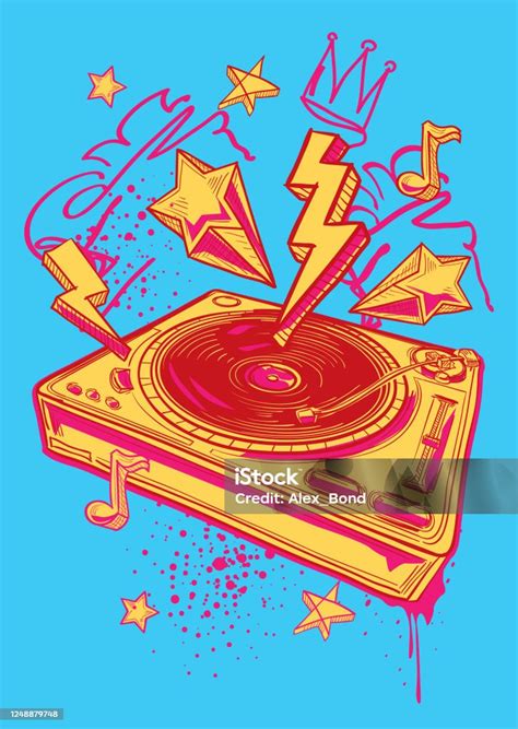 Funky Bright Colorful Turntable And Graffiti Stock Illustration