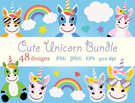 Cute Unicorn Clipart Bundle Png Rainbow Clip Art Happy Etsy