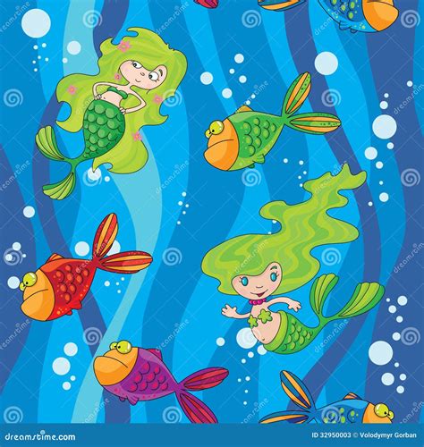 Seamless Mermaids Fish In Water With Waves Stock Vector Illustration