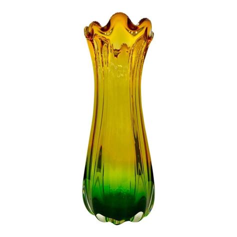 Mid Century Murano Seguso Sommerso Ombre Amber And Green Ribbed Vase Vase Amber Glass Mid Century