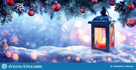 Christmas Lantern On Snow With Snowy Fir Branches Stock Photo Image
