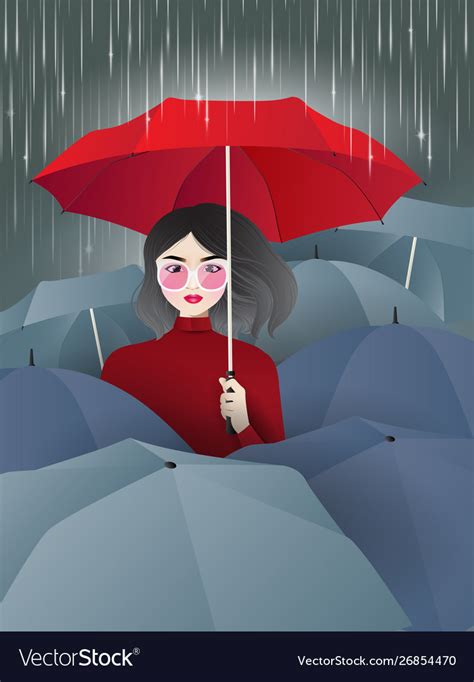 Woman In Red With Umbrellas In Rain Royalty Free Vector