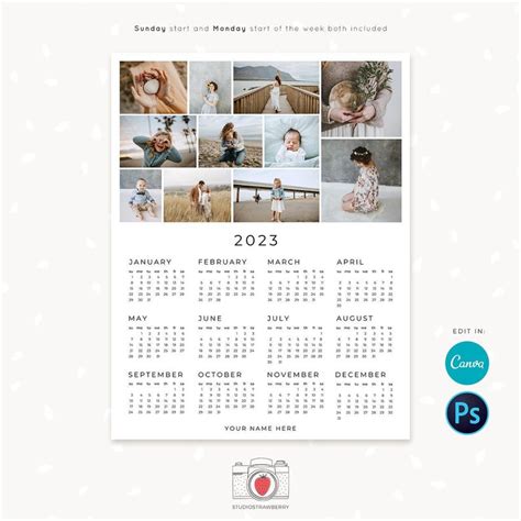 2023 Photo Calendar Template Canva Photo Collage One Page Etsy Ireland