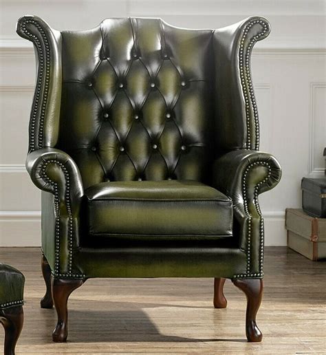 Chesterfield Scroll Buttoned High Back Wing Chair Antique Olive Green