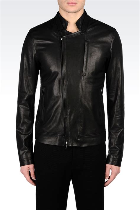 Emporio Armani Nappa Leather Jacket With Asymmetric Zip In Black For