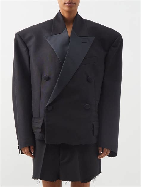 Balenciaga Black Cropped Double Breasted Wool Blend Blazer