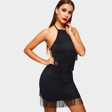 Tassel Halter Short Dress Women Black Sexy Bodycon Summer Sleeveless Fringe Lace Up Club