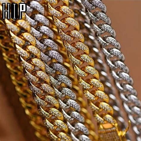1Set 13MM Full Iced Out Paved Rhinestones Miami Curb Cuban Chain CZ