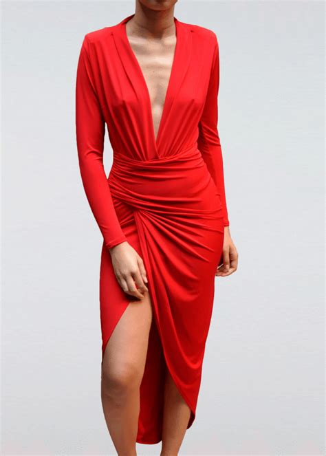 Long Sleeve Wrap Front Maxi Dress In Red Backless Mini Dress Backless