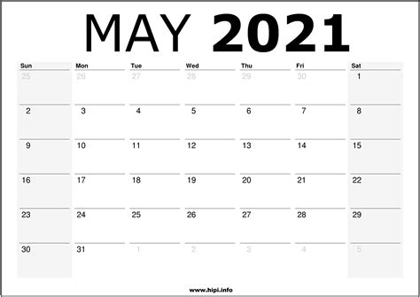 May 2021 Calendar Printable Monthly Calendar Free Download
