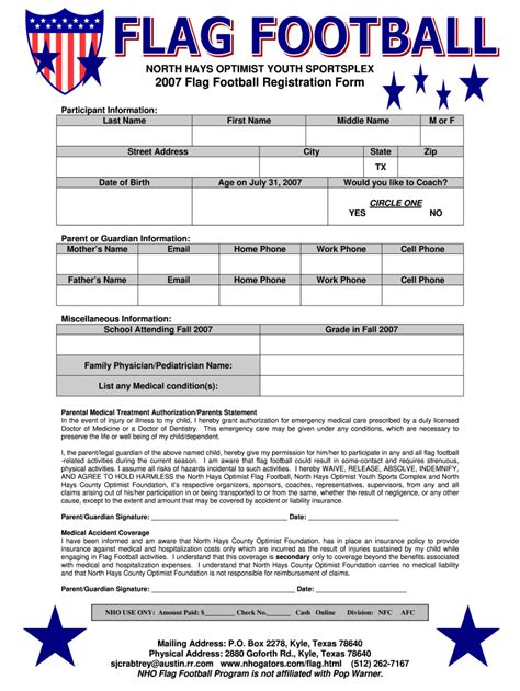 Youth Football Registration Form Fill Online Printable Fillable