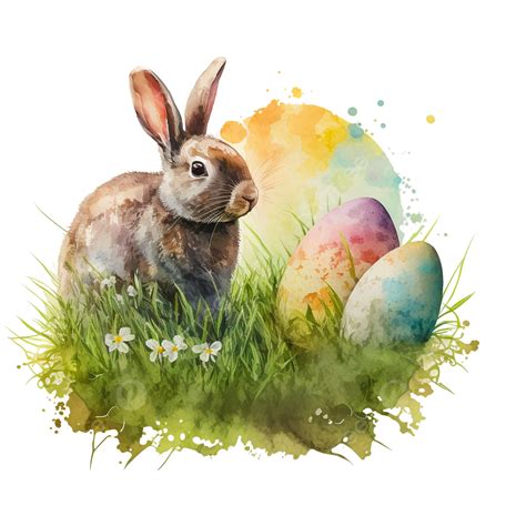 Watercolor Easter Rabbit In Grass With Egg Concept Meadow Watercolor