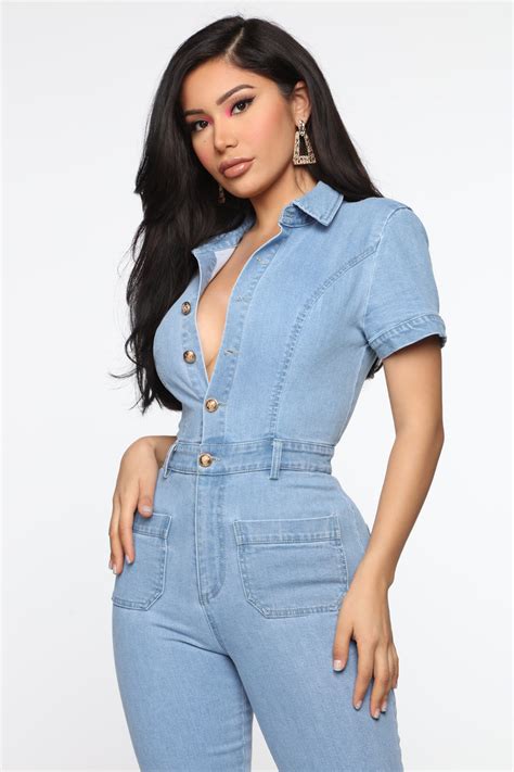 Flirty Flare Denim Jumpsuit Light Wash Jumpsuits Fashion Nova