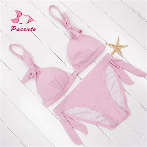 pacento strappy bikini pink bowknot swimwear female solid women swimsuit sling beach wear two