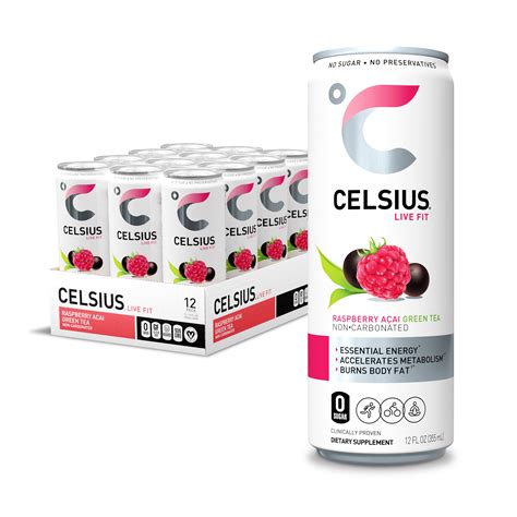 CELSIUS Essential Energy Drink 12 Fl Oz, Raspberry Acai Green Tea (Pack