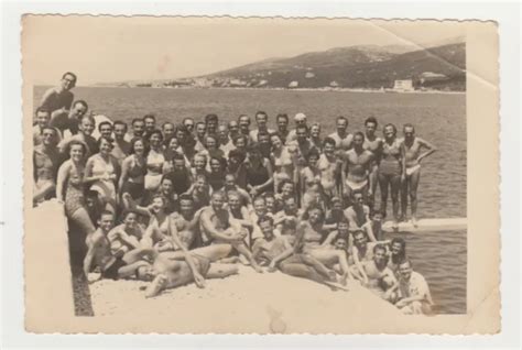 Beach Scene People Shirtless Men In Swim Trunks And Swimsuit Women 1950s Photo 14 99 Picclick