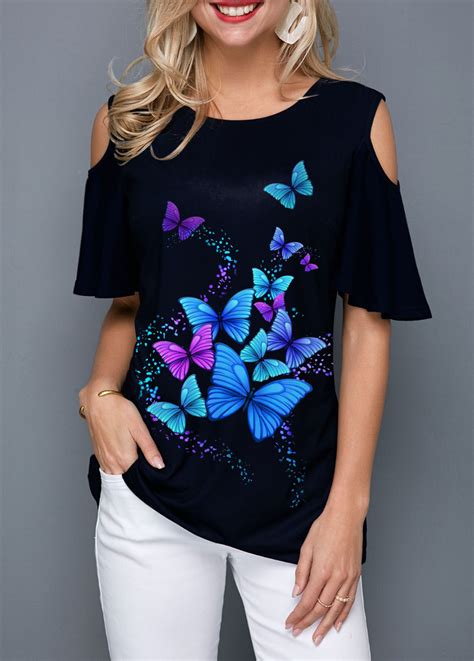 Butterfly Print Cold Shoulder Round Neck Blouse Trendy Tops For Women