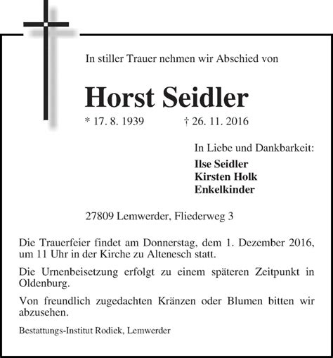 Traueranzeigen Von Horst Seidler Trauer Gedenken