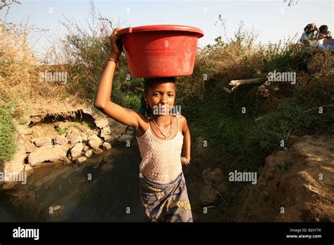 African Girl Collecting Water From A Dirty River Northern Nigeria