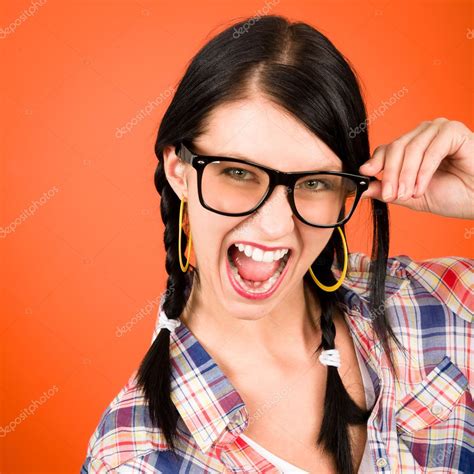 Crazy Girl Wear Nerd Glasses Shouting — Stock Photo