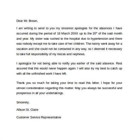 Apology Letter For Being Absent Without Notice Sample