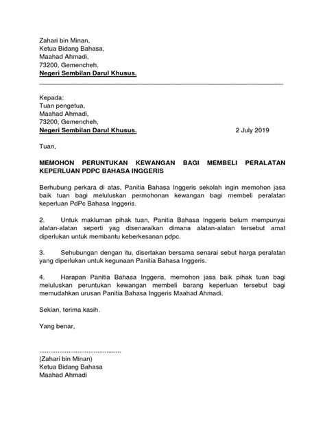 Nama pengirim dan tanda tangan. Contoh Kertas Kerja Mohon Peruntukan Membeli Peralatan