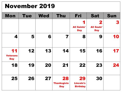 Excel November 2019 Calendar With Holidays Printable Calendar