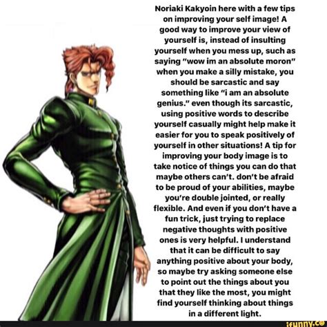 Noriaki Kakyoin Here With A Few Tips On Improving Your Self Image A
