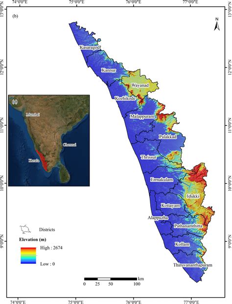 Overview Map Of Kerala With Districts And Elevation Download